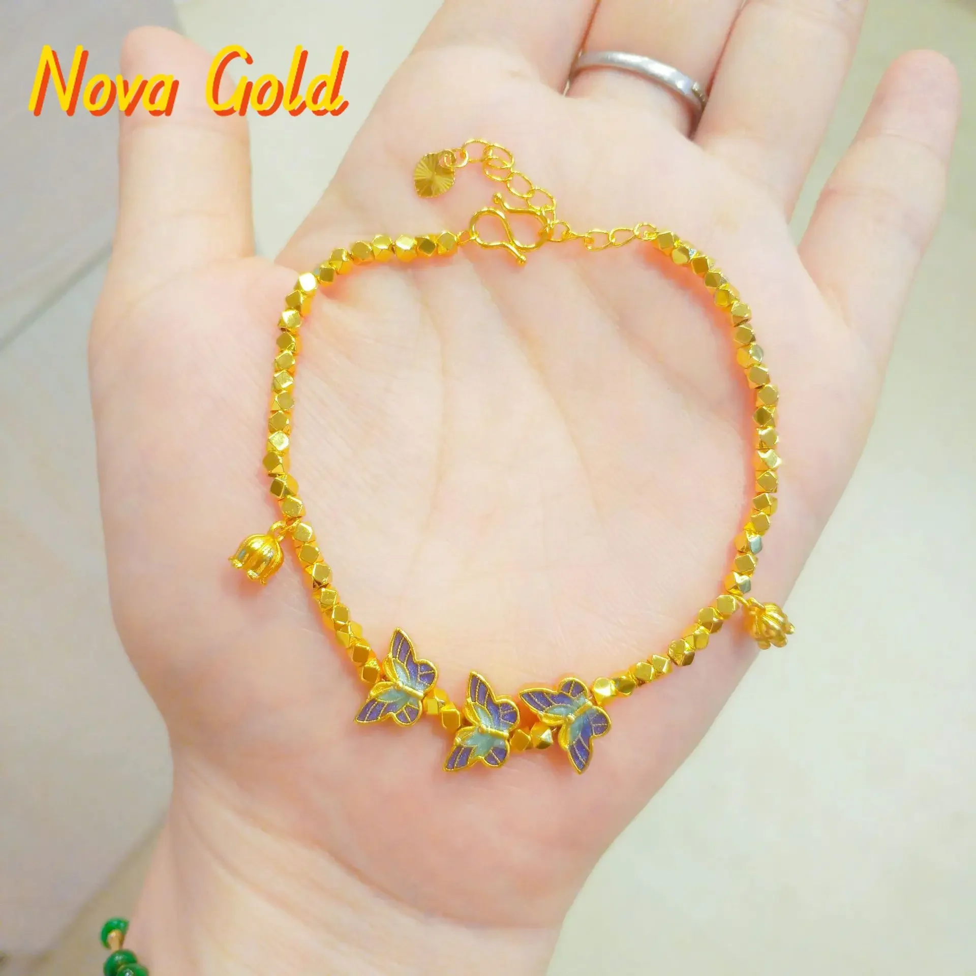 

NovaGlod 24K enamel craft flying flower butterfly blue bracelet new 999 two bracelet women's versatile hand jewelry