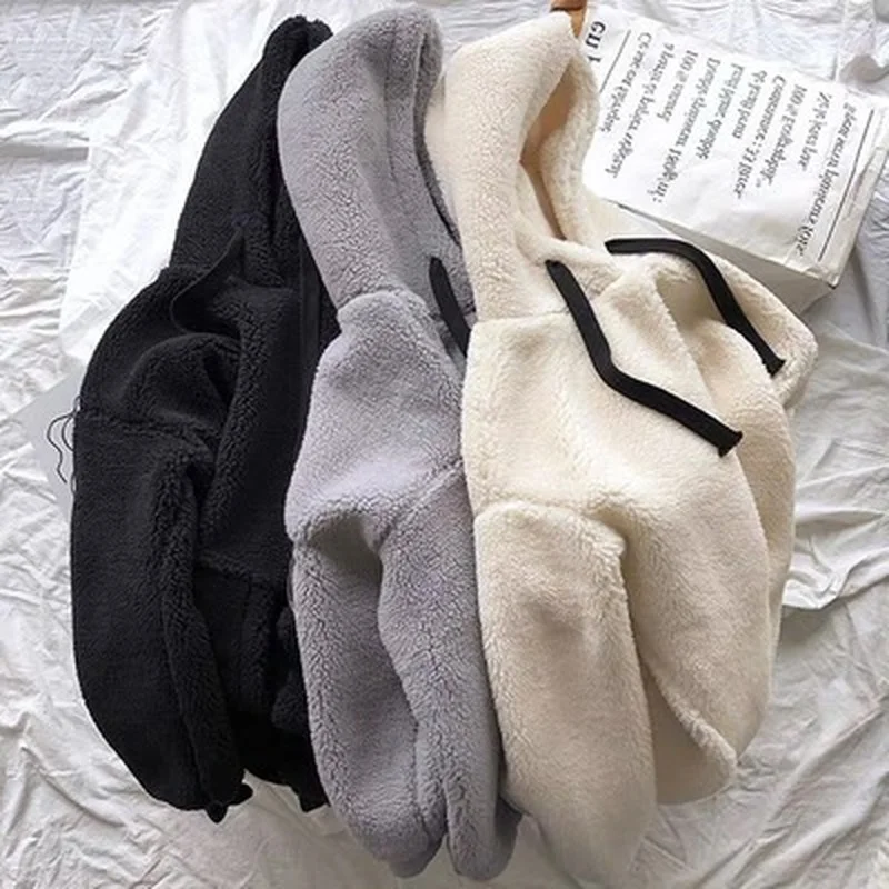 Female Fashion Sweatshirt Long Sleeve Solid Loose Pocket Thick Hoodies Women Autumn Print Fleece Flannel Pullover Winter Hooded