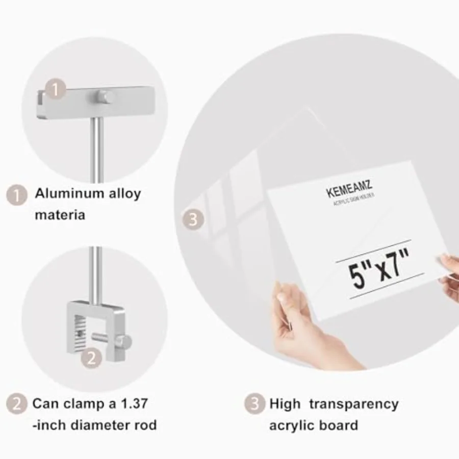 Aluminum Alloy Sign Holder Clamp with 5 x 7 Inch Acrylic Frame Sign HolderMerchandise Sign Display Clip for Clothing Stores Bus