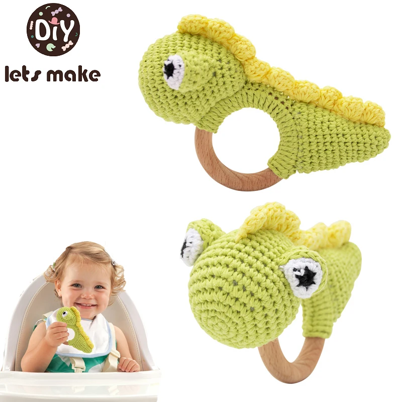 

Let's Make 1PC Crochet Dinosaur Rattle Baby Handbell Wooden Teether Infant Product Mobile Pram Crib Ring Wooden Toy Newborn Gift