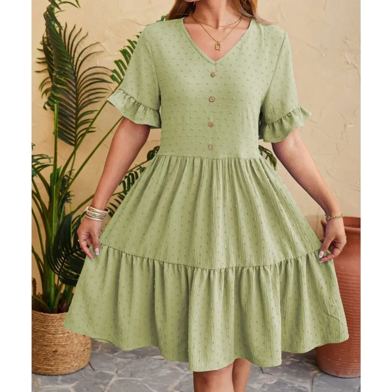 

Women's Solid Jacquard Chiffon Dress Button Ruffle Midi Dresses 2024 Summer New V-neck Half Sleeve Pleated Party Dress Vestidos