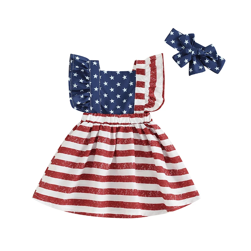 

Toddler Baby Girl 4th Of July Outfit Flutter Sleeve American Flag Suspender Dress Headband 2Pcs Set