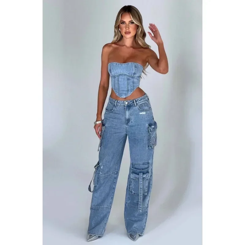 Multiple Pockets Denim Straight Cargo Pants for Women Streetwear 2023 Autumn Winter New Design Soild Slight Strech Casual Jeans