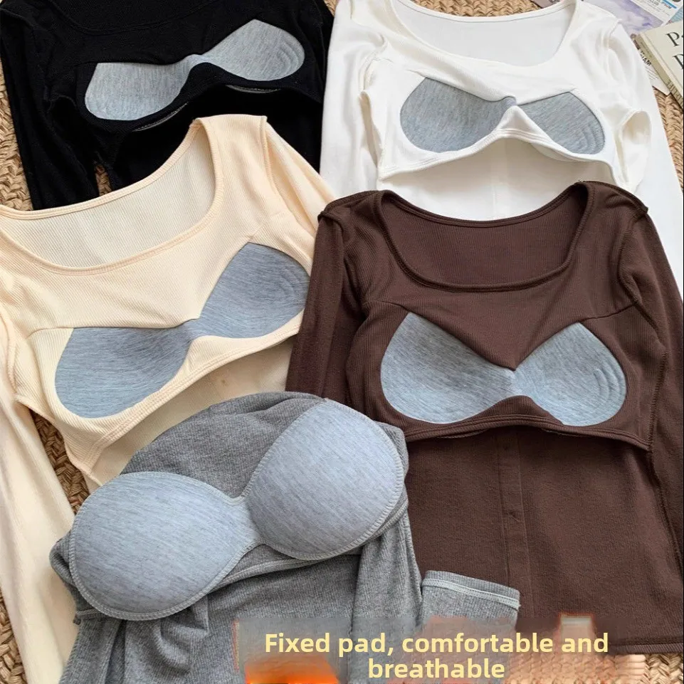 Early Autumn Casual Style Long Sleeve T-Shirt Women's Slim Fit Fixed Band Chest Pad Base Shirt Sweet Style Cotton Blend Breat...