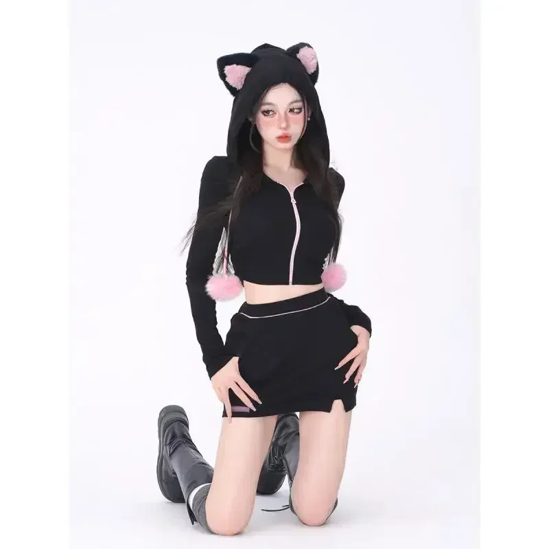 

Black Long Sleeve Short Hooded Outerwear Crop Tops Zipper High Waist Slim Kawaii Cat Ear Harajuku Sweet Women Y2k Sweatshirt