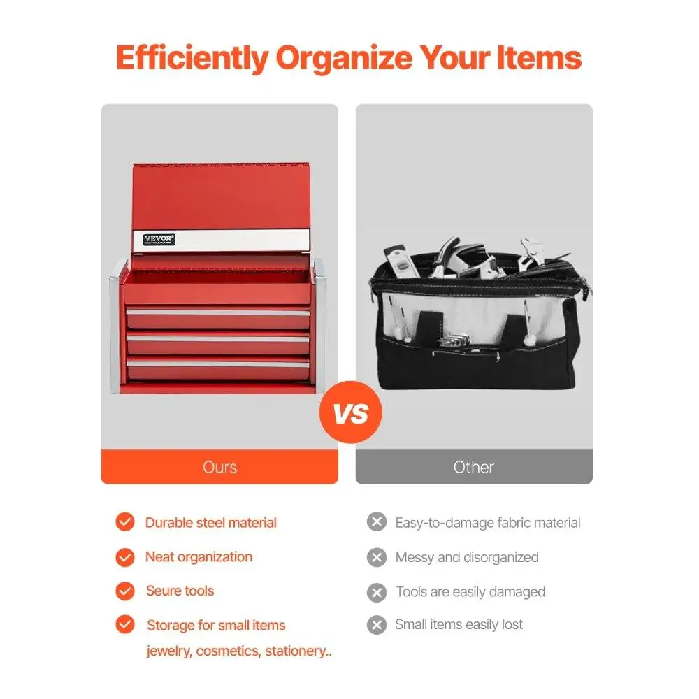 Cassetta degli attrezzi portatile in metallo da 8 pollici con 3 cassetti Organizzatore di attrezzi durevole rosso Soluzione di stoccaggio resistente per utensili manuali