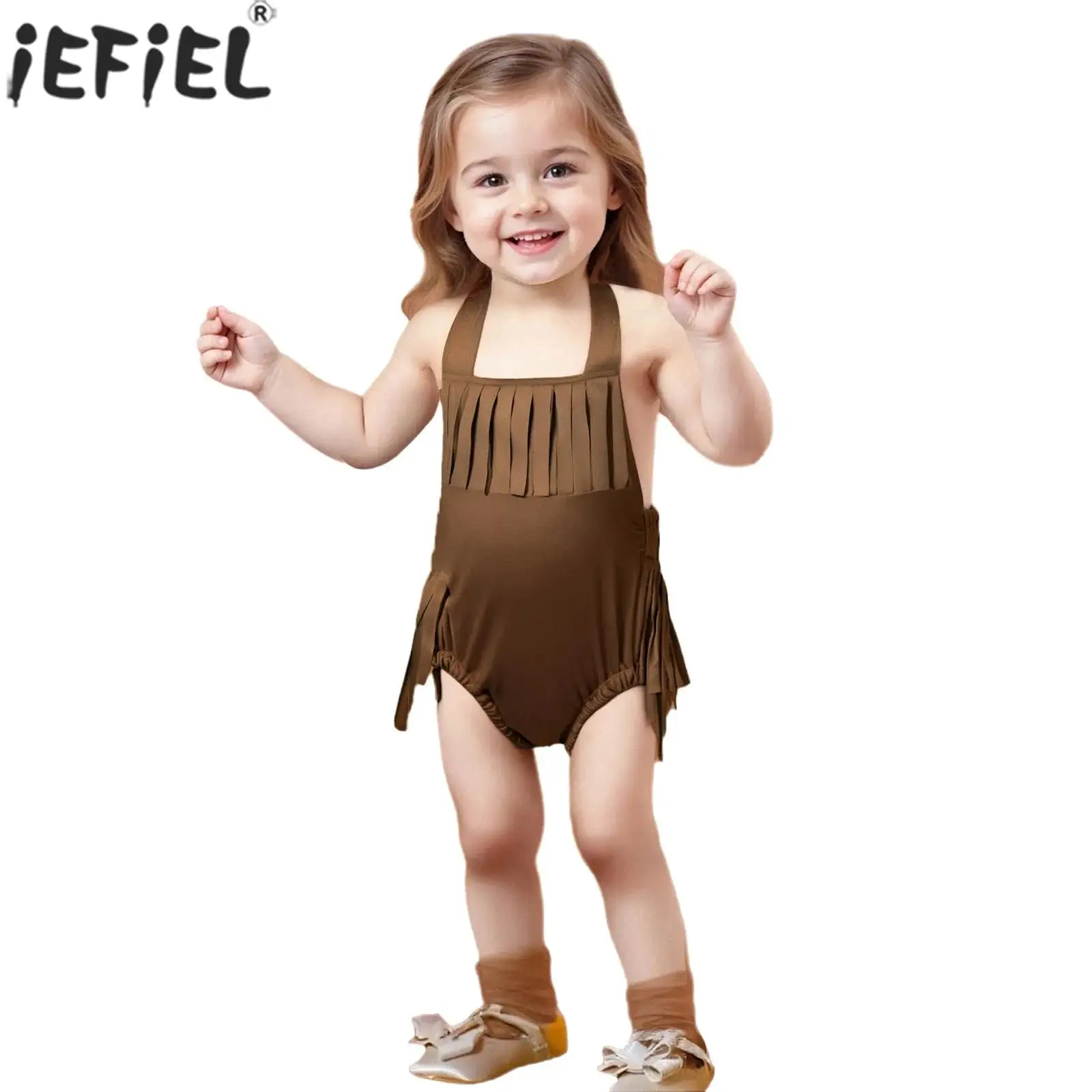 

Baby Girls Western Cowboy Style Fringe Faux Suede Romper Self-tied Halter Sleeveless Tassels Bodysuit Photography Party Costume