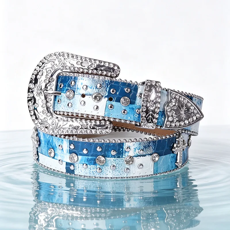 Sparkling Western Cowboy PU Belt Rhinestone Studded Details Color Print Ornate Engraved Pin Buckle Waist Strap