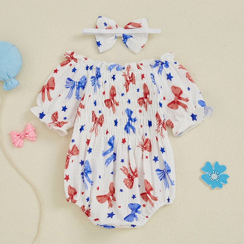 American Flag Print Sleeveless Romper with Matching Headband Set for Baby Girl s 4th of July Celebration - Patriotic Outfit