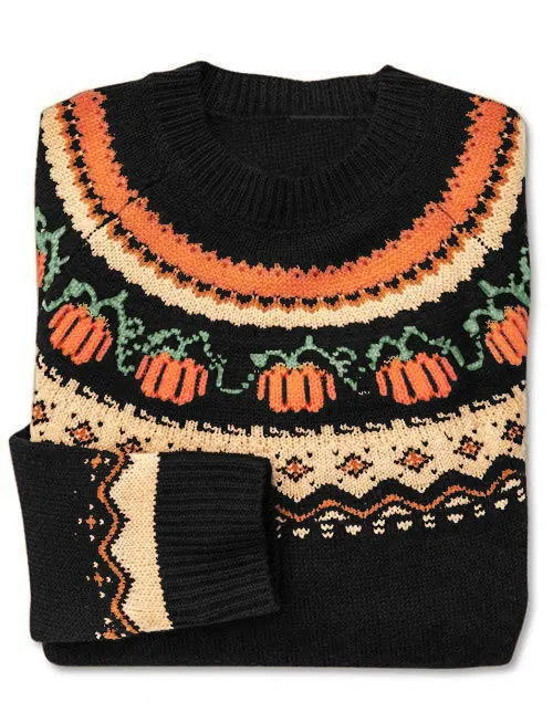 Crew Neck Halloween Pumpkin Jacquard Casual Regular Knit Pullover Top