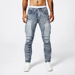 Two tone distressed patchwork jeans for men trendy jeans for summer thin straight leg pants slim fit small leg distressed jeans