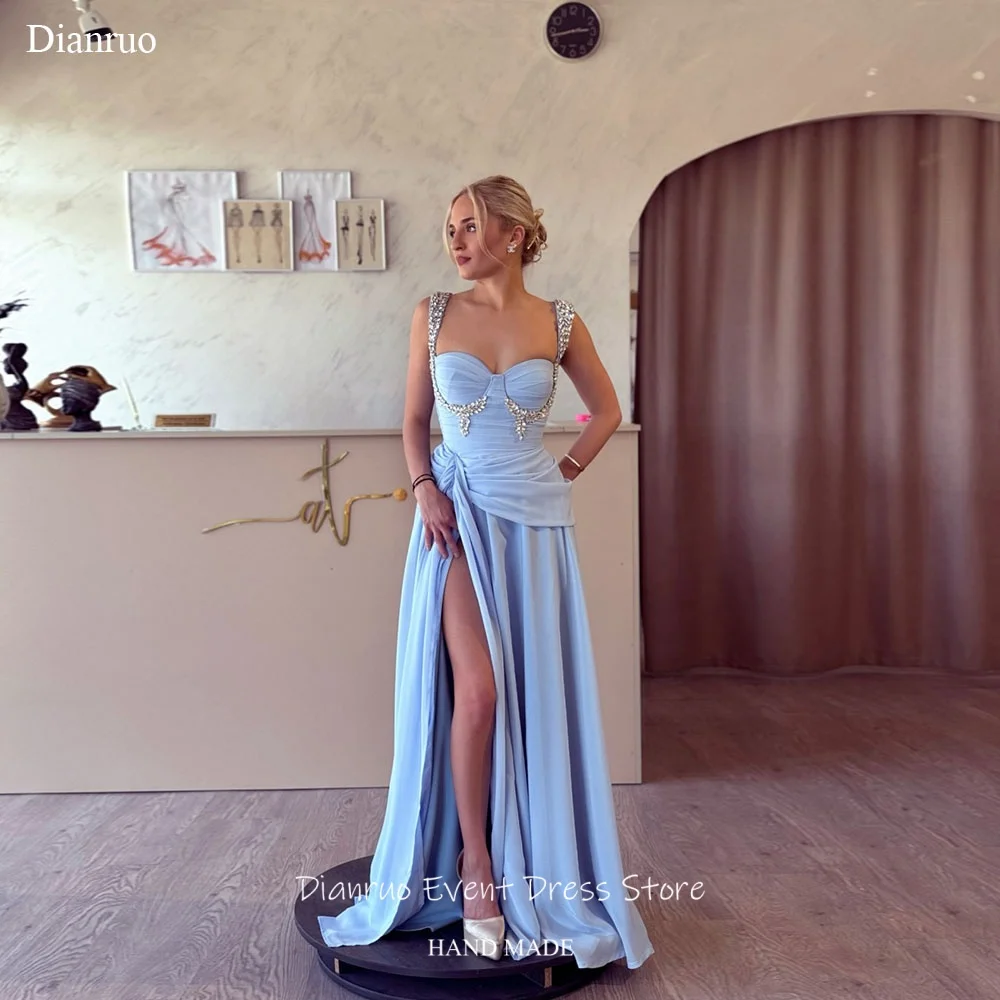 

Dianruo Sweetheart Beaded Straps Evening Dresses Sexy High Slit A Line Vestido Formales Chiffon Vestidos De Verano Customized