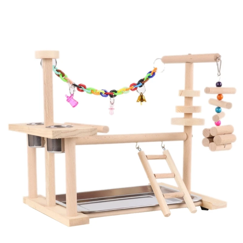 

Bird Swing, Parrots Cage Toy, Wooden Swing with Toy Tray Feeding Cups Training for Small Size Birds Parrots