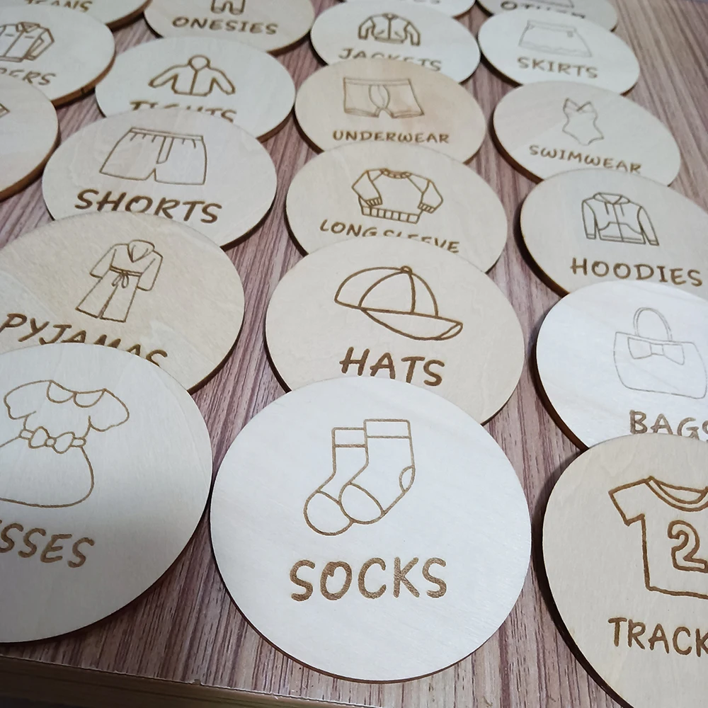 Wooden Wardrobe Labels, Kids Clothing Tag, Toy Storage Tags, Bedroom Classification Label, Baby Gifts Decoration, 24 Pcs