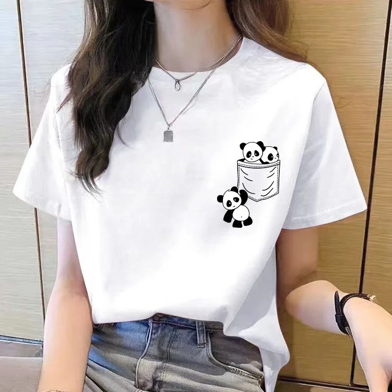 Pocket Panda Print Cartoon Printed T-shirt Korean Fashion Women's cotton Top Loose Casual Oversized T-Shirt Harajuku