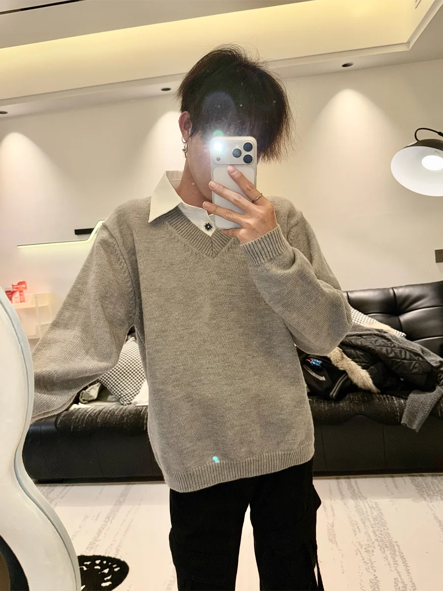

American Retro College Sle V-Ne Knitted Sweater Fake Two-Piece Men Women Couples Top Trendy Loose Fit Long Sve