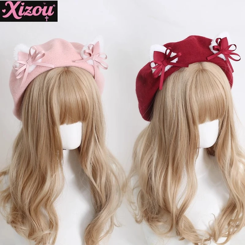 

Japanese Original Girl Lolita Bow Cat Ear Beret Cute Fashion Trend Sweet Kawaii Bud Hat Autumn and Winter Wool Material Woman