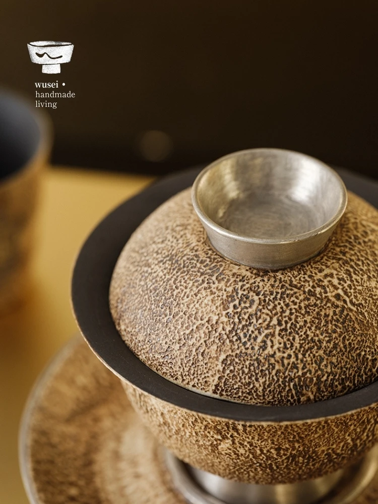 Wusei Retro Stone Pattern Old Rock Clay Powder Silver Plated Small Bowl Gongfu Oolong Tea Bowl 100ml Ceramic Craft Tea Set