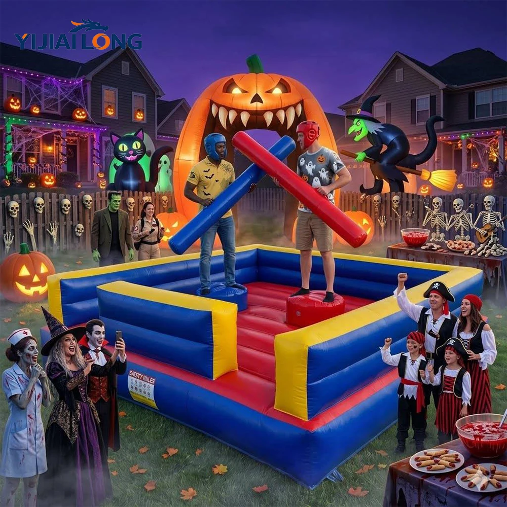 13x13ft Inflatable Jousting Arena for Halloween & Christmas Party, Commercial Grade PVC Gladiator Joust Game, 2-Player Holiday Sport Inflatable Rental with 2 Sticks, Helmets & Blower