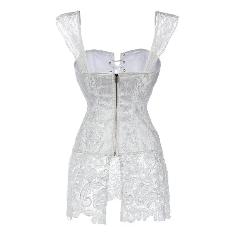 Vestido de corsé blanco para mujer, corpiño gótico Steampunk con cordones y cremallera en la espalda, corpiño de piel sintética Punk, lencería de talla grande