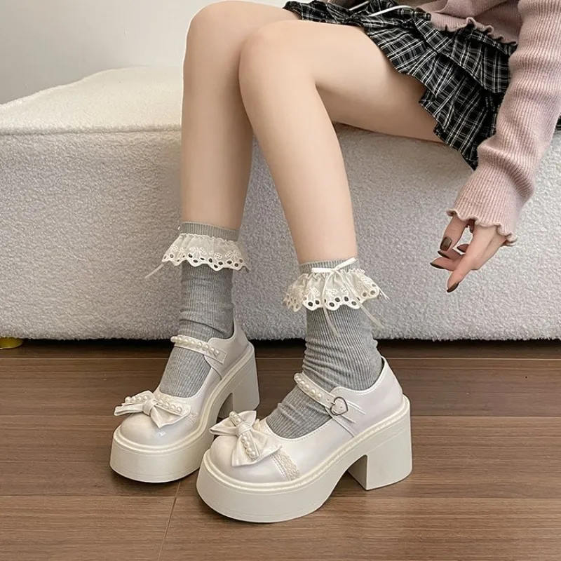 

Retro French Pearl Bow Knot Thick Bottom Heightening Shoes Sweet New Style Spring for Skirts PU Leather Women's