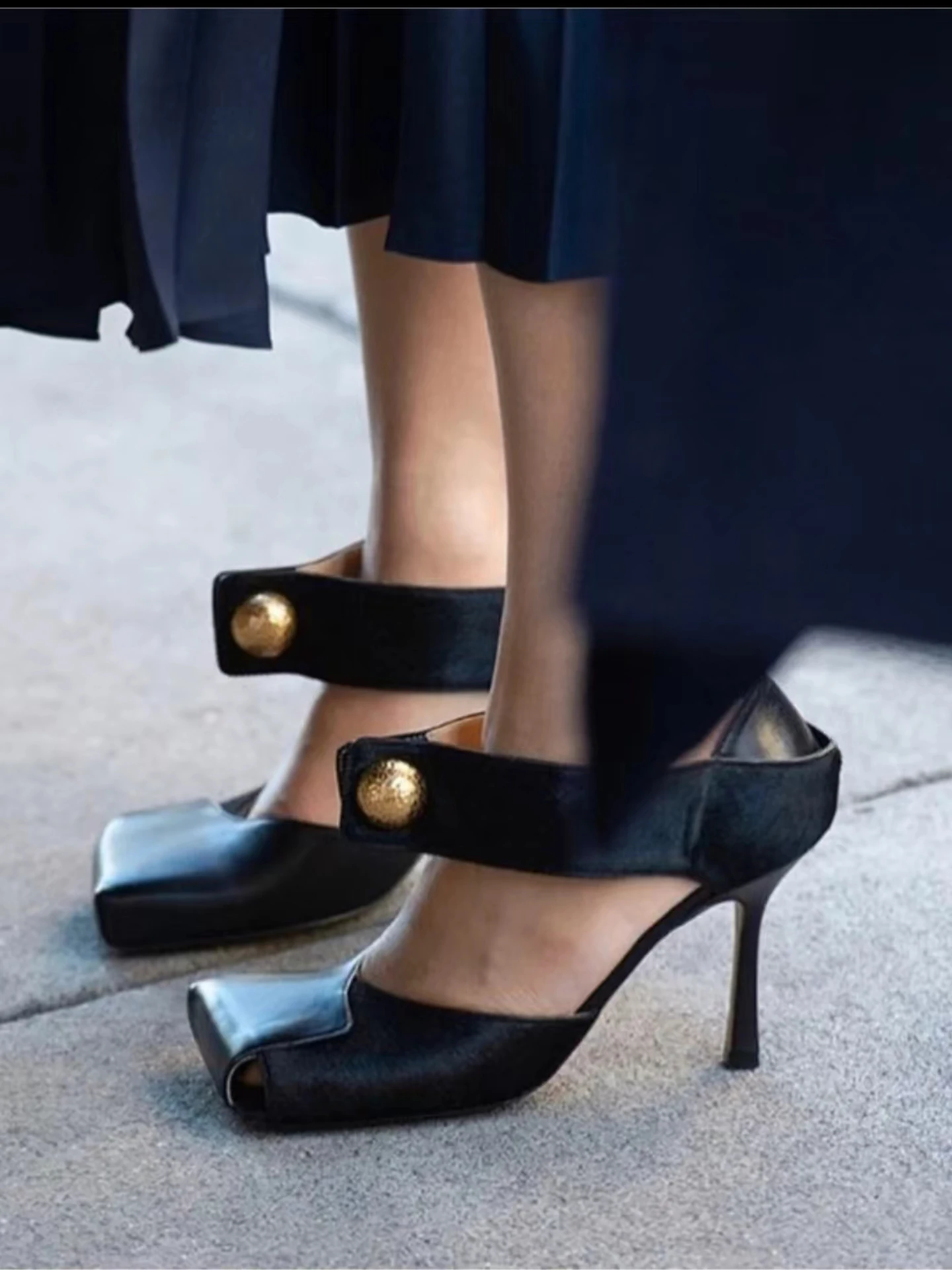 

New retro Mary Jane shoes with women's square toe patchwork horsehair high heels, slim heels, sexy hollow French single shoes