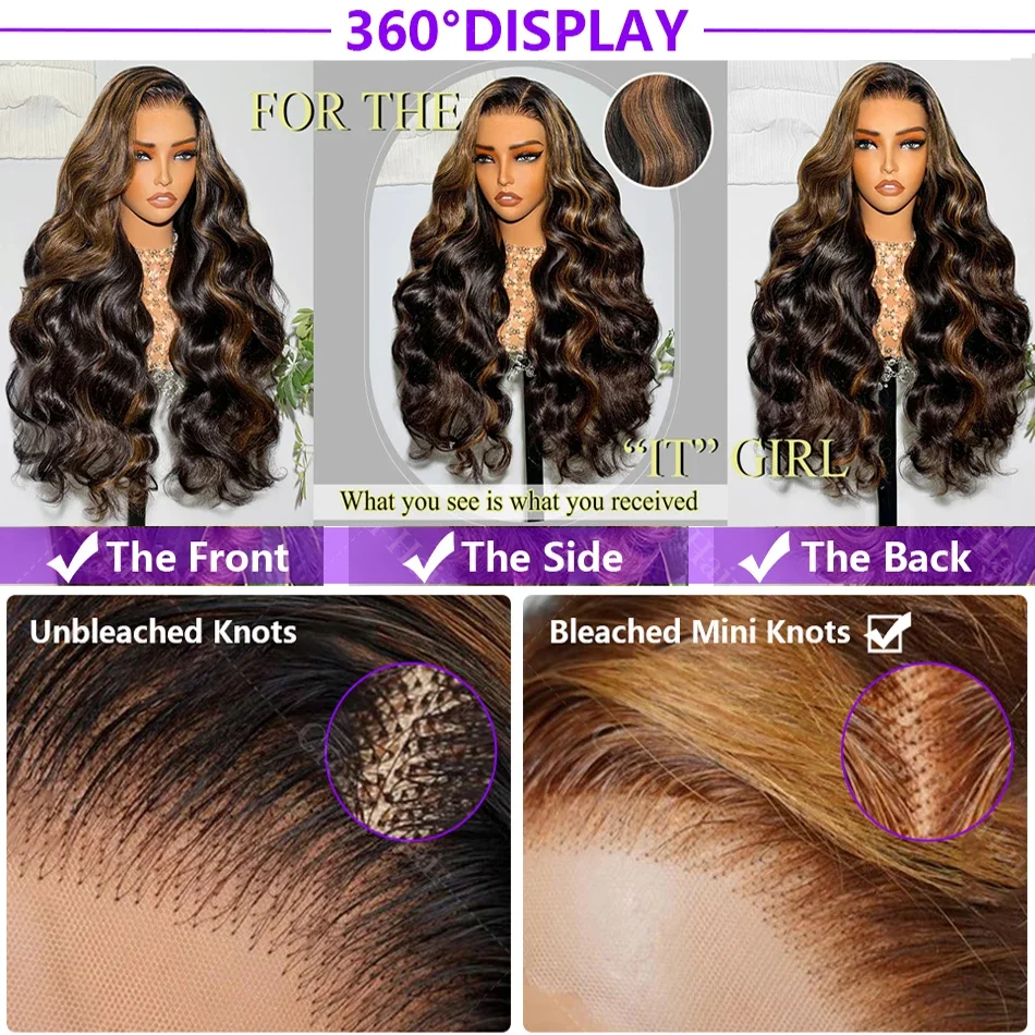 1B/30 Balayage Highlight Body Wave 13x4 Парики из бразильских человеческих волос на кружеве спереди 30-дюймовые парики из натуральных волос коричневого цвета с эффектом омбре на продажу