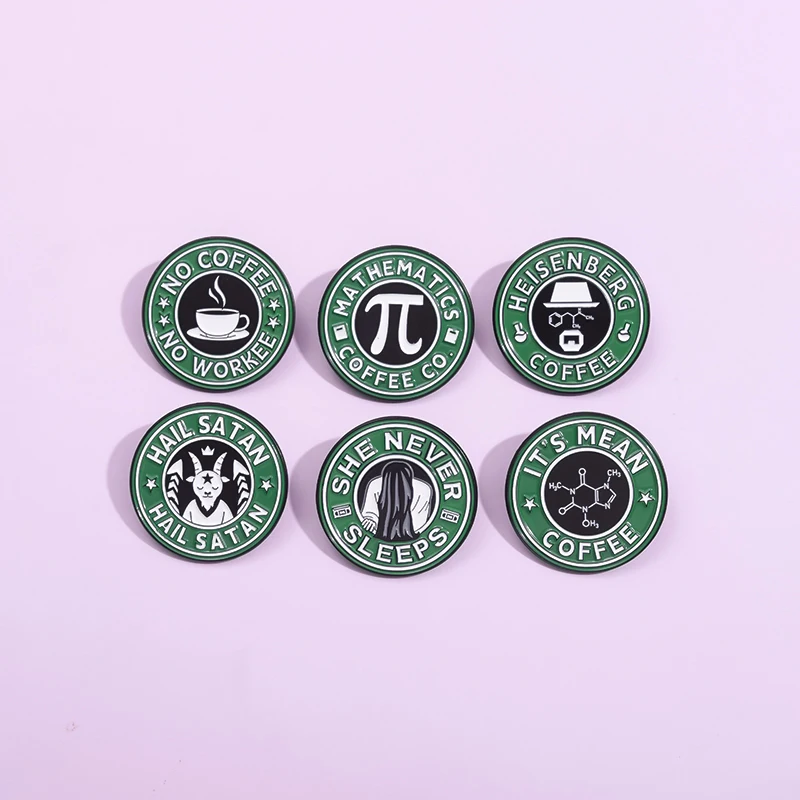 No Coffee No Workee Enamel Pins Mathematics Coffee Brooches Backpack Lapel Badge Cartoon Round Shape Metal Pin Gift for Friends