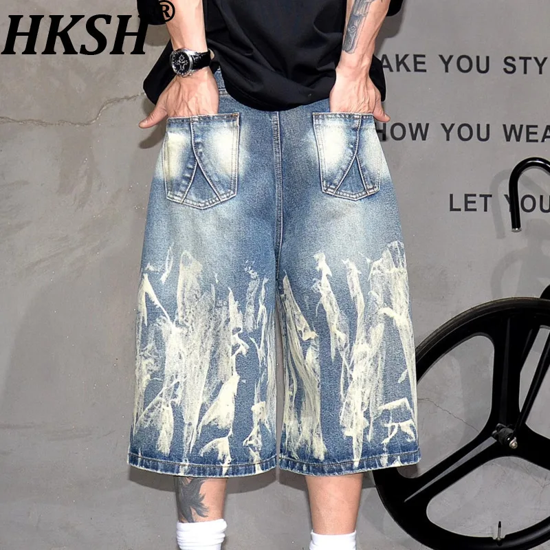 

HKSH Spring Summer Men's Niche American Retro High Street Trendy Washed Denim Shorts Handsome Chic Casual Cropped Pants HK7509