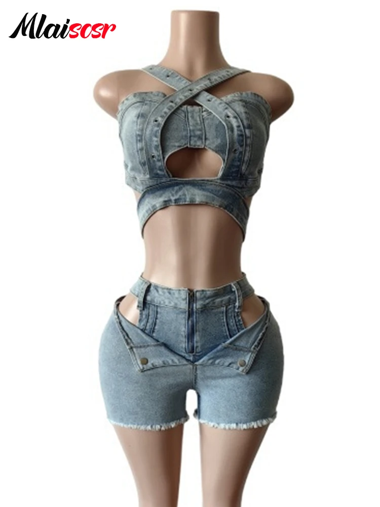 Mlaiscsr 데님 2 피스 세트 여성 청바지 정장 섹시 할로우 붕대 탱크 자르기 탑과 반바지 비치 파티 Y2K Night CLubwear