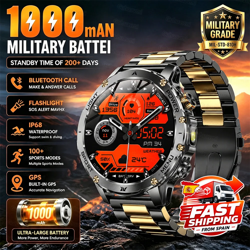 Nouvelle Montre Connectée Militaire T-Rex 3 Ultra 2026 avec Batterie 1000 mAh, Étanchéité 5 ATM, Lampe Torche, Suivi Cardiaque et Sportif pour Hommes