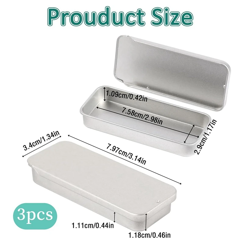 3 PCS Metal Slide Top Tin Containers, 3.14 X 1.33 X 0.47 Inches Portable Tins Container, Rectangular Empty Containers