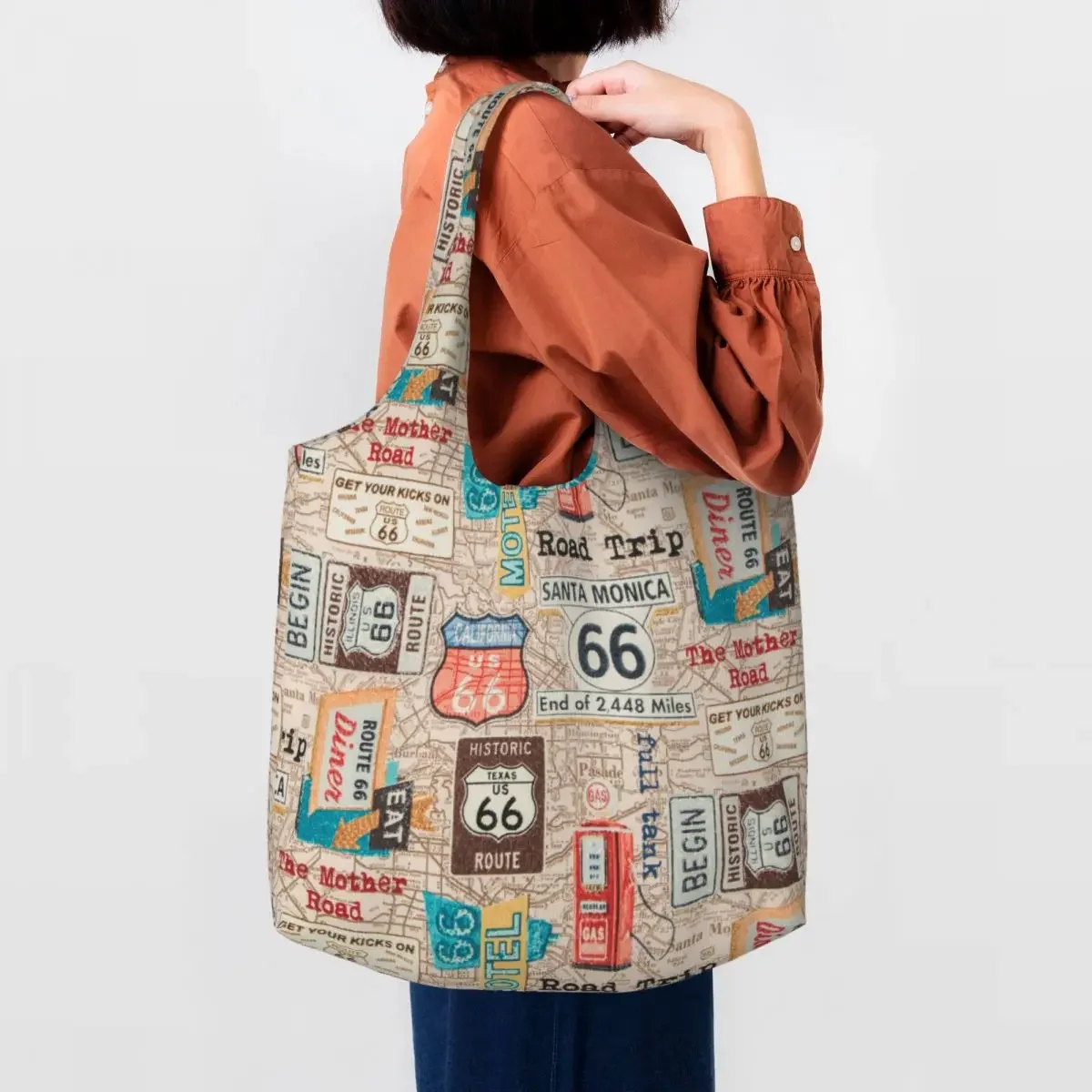 Kawaii Printing Vintage Route 66 Tote Shopping Bags Durable Canvas Shoulder Shopper USA Highways Map Photographer Handbag