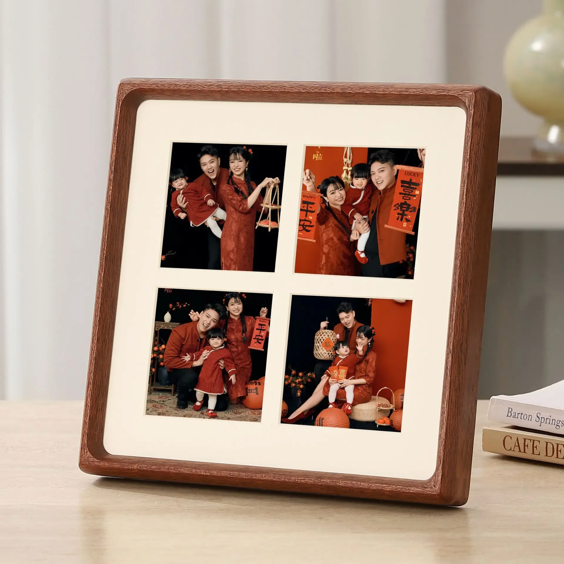 Square Photo Frame High-grade Black Walnut/Teak Wedding Picture Frame DIY Four Grid Couple Display Pictures Home Desktop Decor