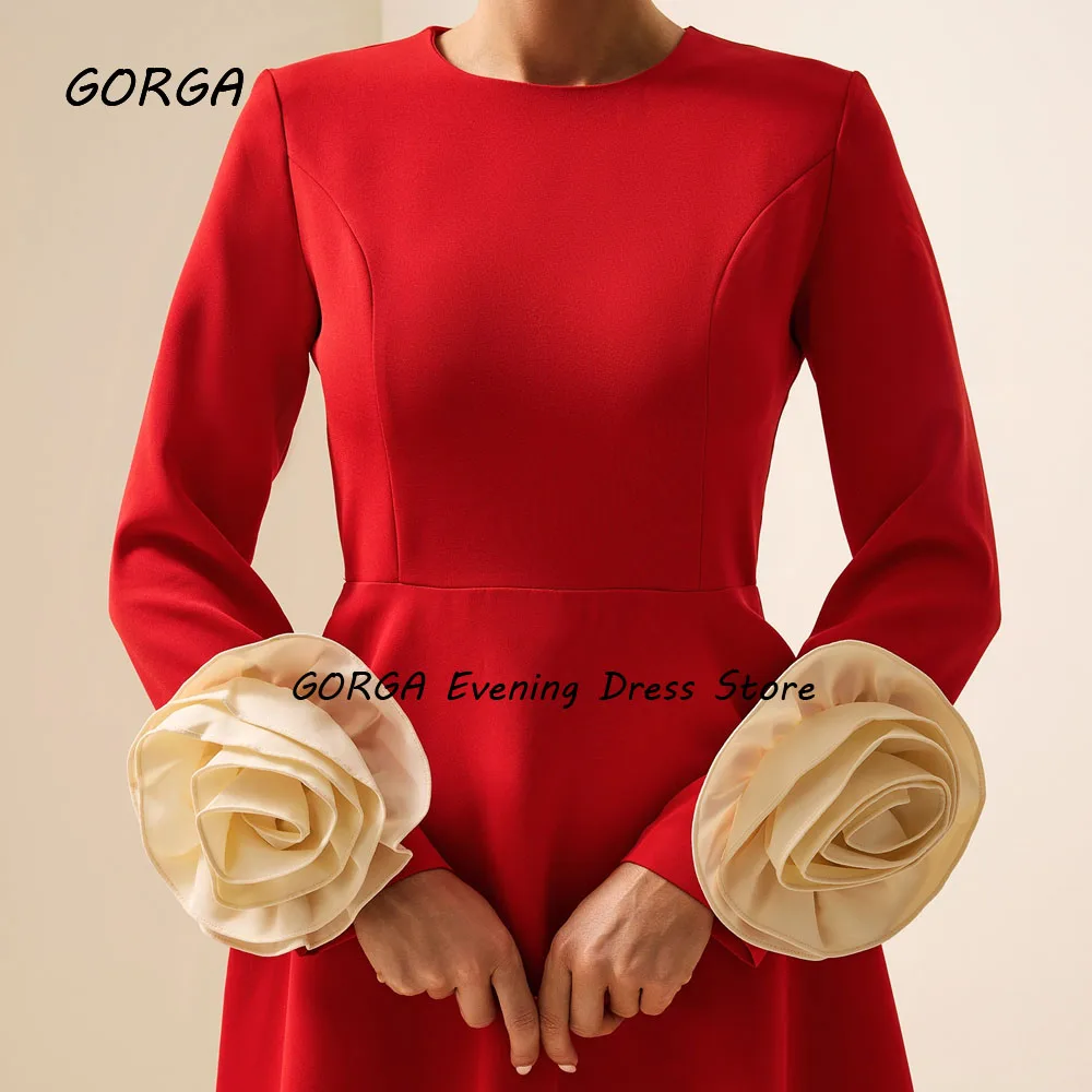 GORGA-vestido de fiesta rojo de crepé con cuello redondo, corte en A, ajustado, manga larga con flores, vestido para ocasión, vestido de noche Formal hasta el té, 2024