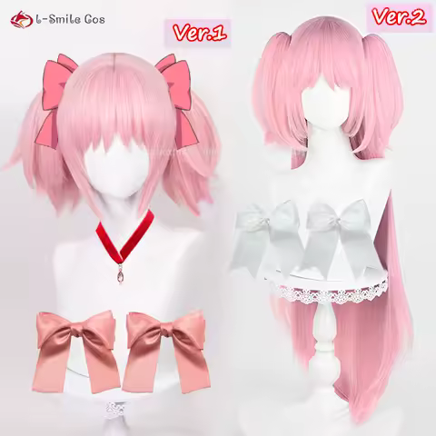2 Style Anime Madoka Kaname Cosplay Wig 30cm/90cm Pink Wigs Heat Resistant Synthetic Hair Halloween Party Wig + Wig Cap