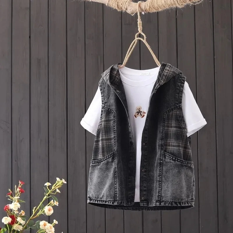 

Plus Size Denim Vest for Women 2023 Summer Autumn Korean Fashion Plaid Splice Hooded Sleeveless Jean Coat Female Waistcoat Tide