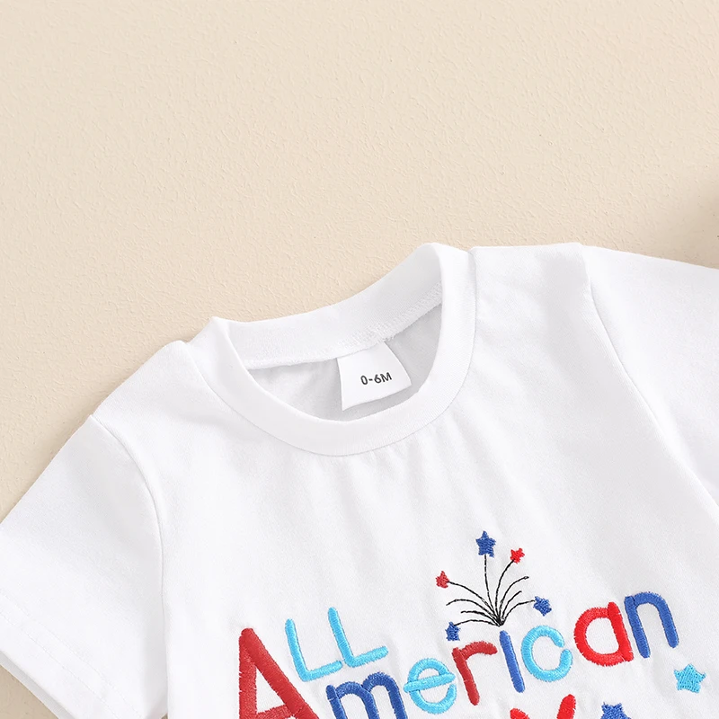 4th of July Toddler Boys Outfits Letter Embroidered Short Sleeve T-Shirt Stripe Star Print Elastic Waist Shorts 2Pcs Clothes Set