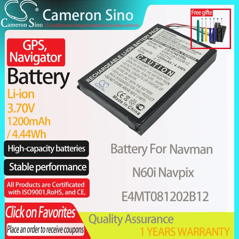 CameronSino Battery for Navman N60i Navpix fits Navman E4MT081202B12 GPS, Navigator battery 1200mAh 3.70V Li-ion Black