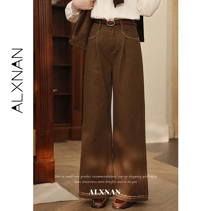ALXNAN Coffee Pants Women High Waist Straight Fit Wide Leg Long Trousers 2026 Cotton 100% Vintage Casual Female Pants L67711