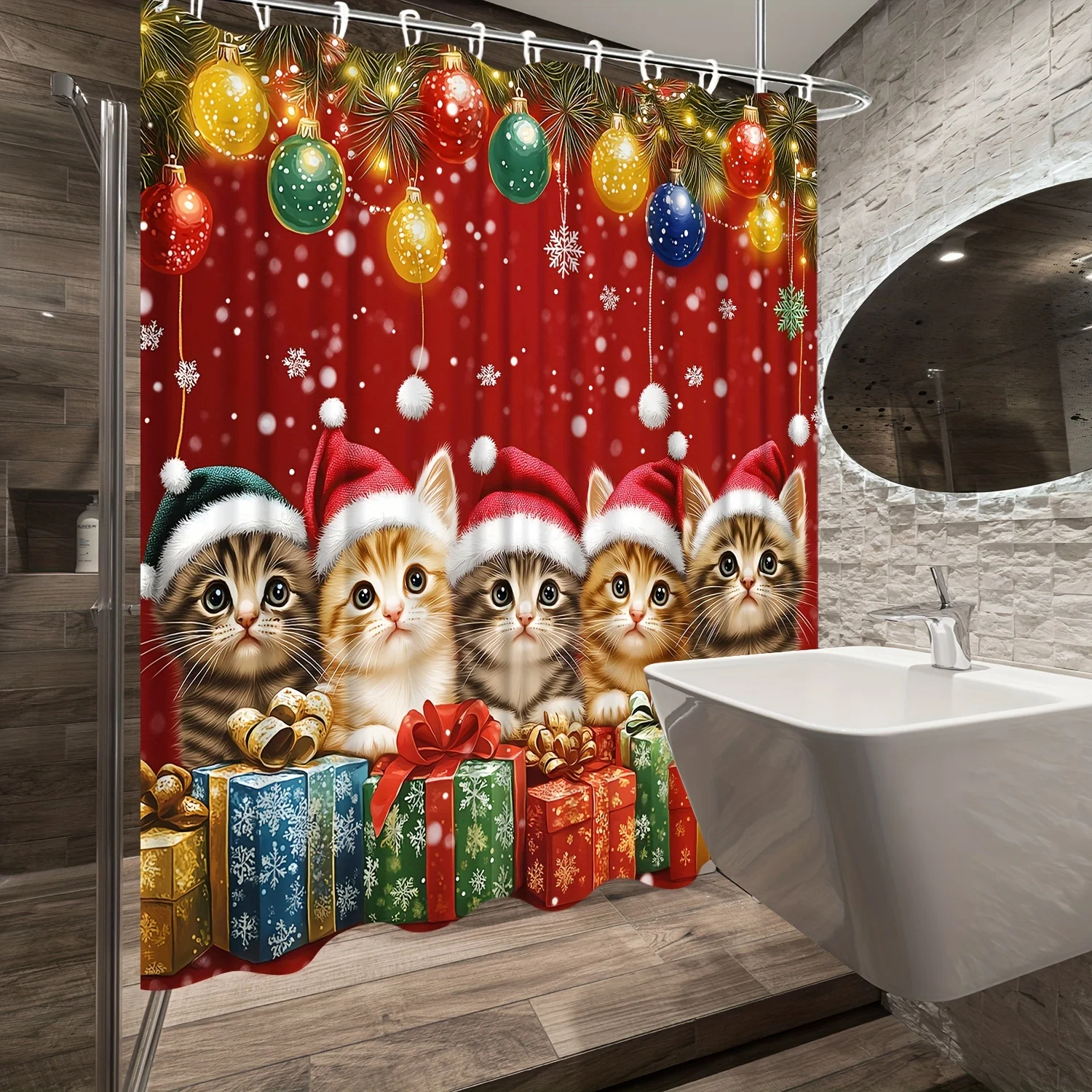 

Рождественская занавеска для душа с котом и шляпой Санта-Клауса, котятами, сосновыми ветками, снежинками и воздушными шарами - полиэстеровый декор для ванной комнаты