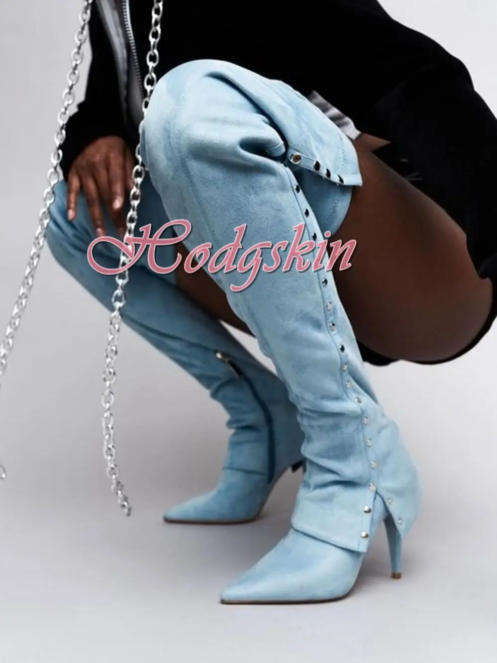 

Denim Rivet Strange Boots Pointy Toe Stiletto Heels Solid Zipper Thigh High Boots Sexy Style Women Party Shoes Designer Winter