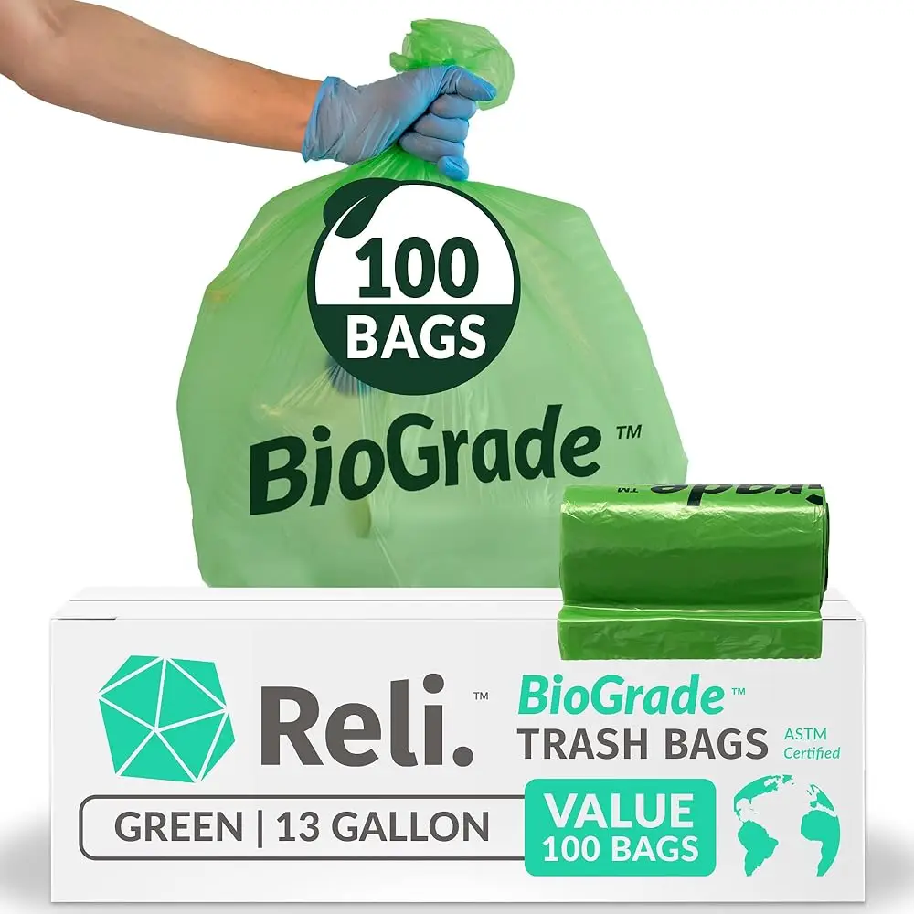 

Biodegradable 13 Gallon Trash Bags | 100 Count | ASTM D6954 | Green | Eco-Friendly | Oxobiodegradable Under Certain Conditio