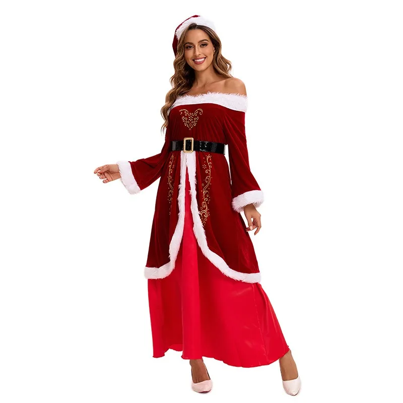 Christmas Sexy Santa Off Shoulder Dress Women Men Santa Claus Costume Party Gown Festive Family Outfit Holiday Xmas Celebration