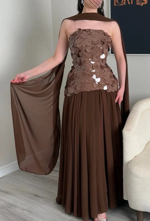 Brown Strapless Petal‑Shaped Sequin Formal Dress Chiffon Flare Long Evening Gown With Matching Sheer Shawl