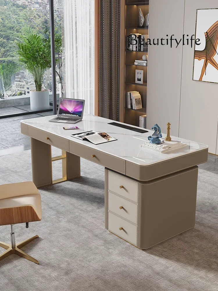 Minimalist Stone Plate Saddle Leather Desk Light Luxury Modern Study Home Office Solid Wood Computer Desk with Drawer