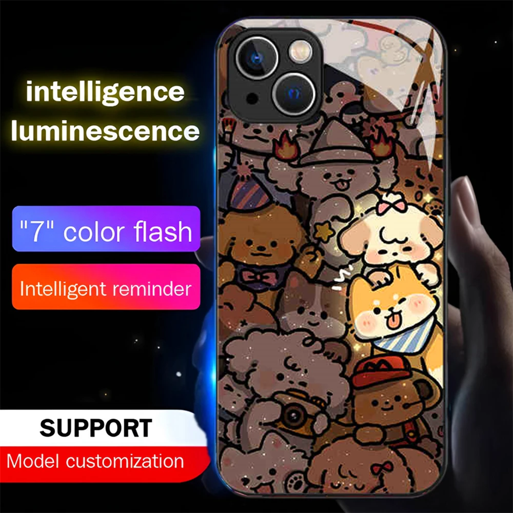 Cute Poodle Design Smart LED Light Glow Tempered Glass Phone Case For Samsung S24 S23 S22 S21 S20 FE Note 10 20 Plus Ultra A54