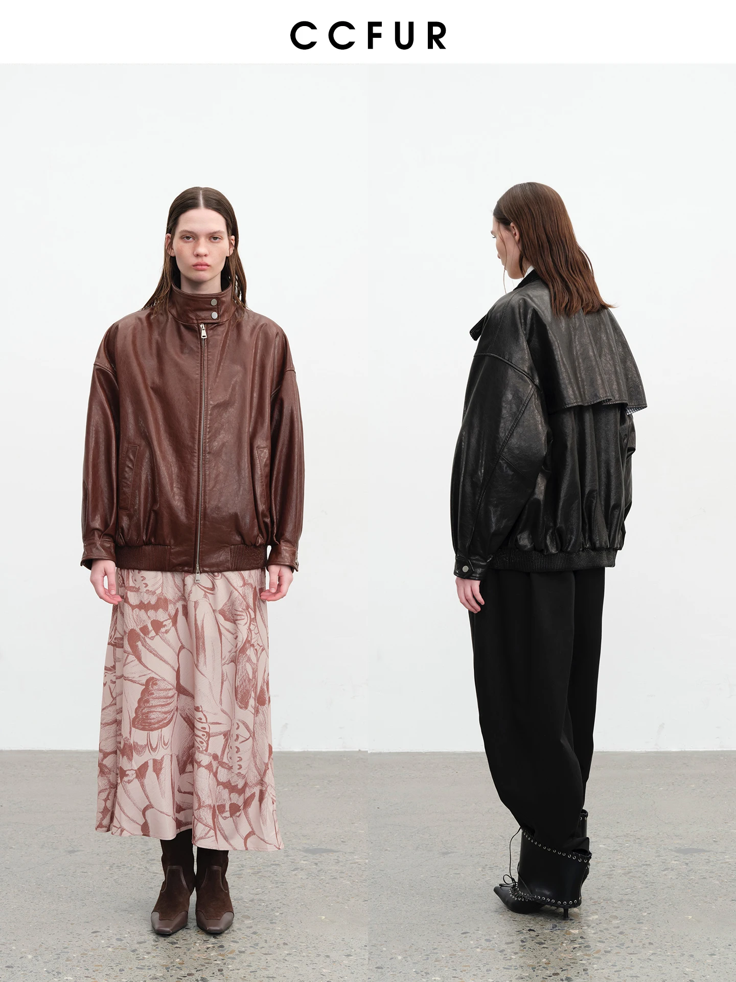 

CC Faux Fur Stand Collar Ba Windproof Oil Wax Goat Skin Jaet for New York Rain Season Casual Sle Long Sve Coat