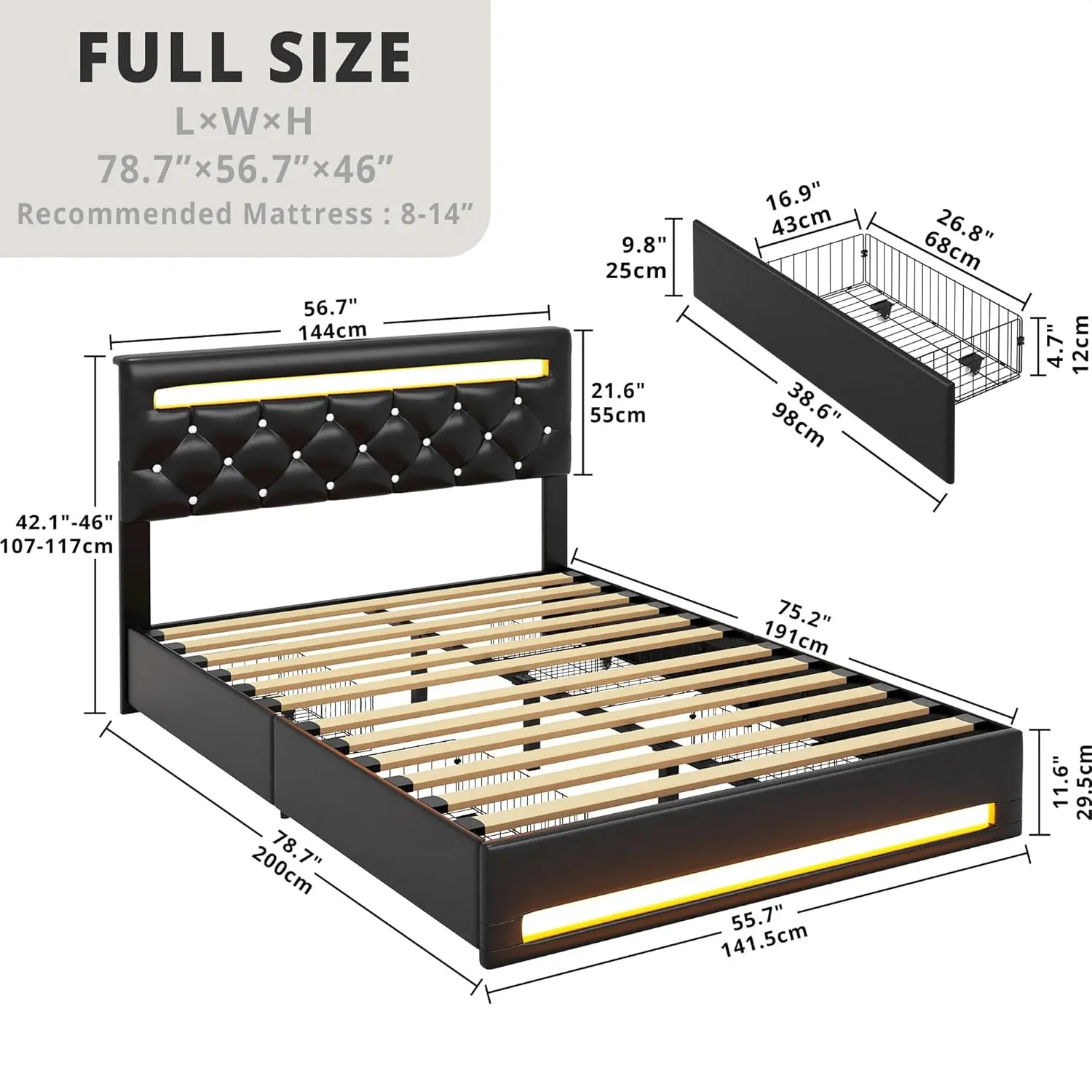 Full Size PU Leather Platform Bed with LED Light & 4 Drawers, Adjustable Tufted Headboard, No Box Spring, Customized