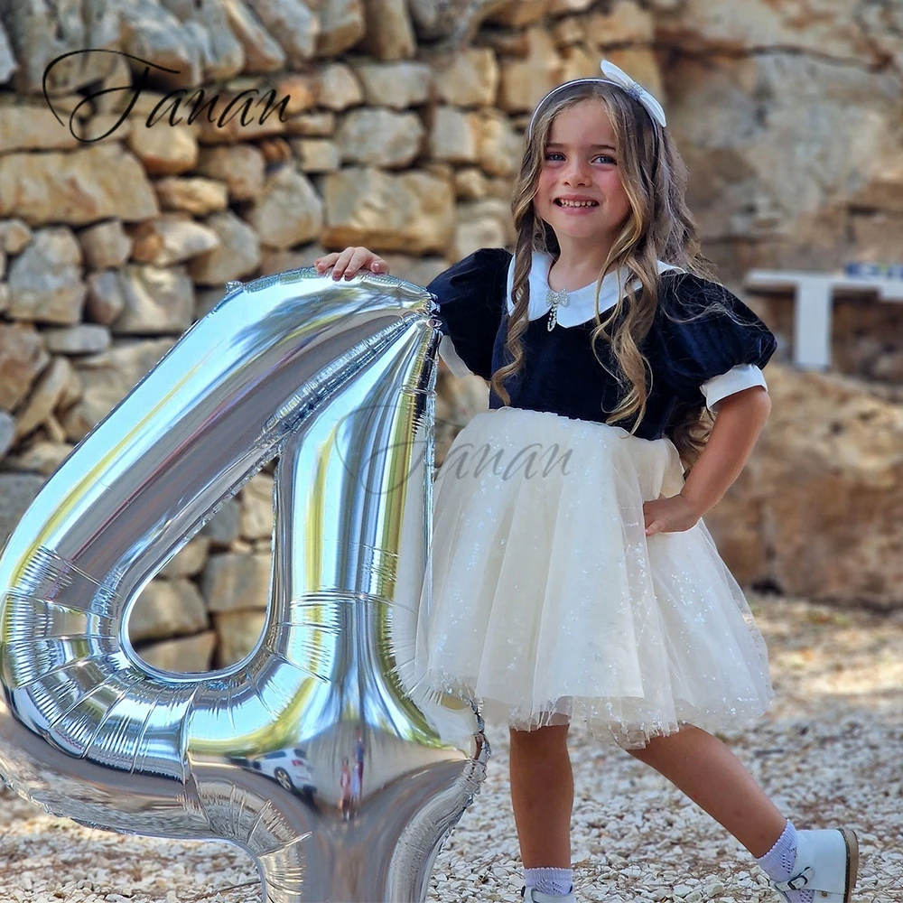 Vestido de flor em patchwork para meninas, manga curta, arco vintage, vestido de aniversário infantil